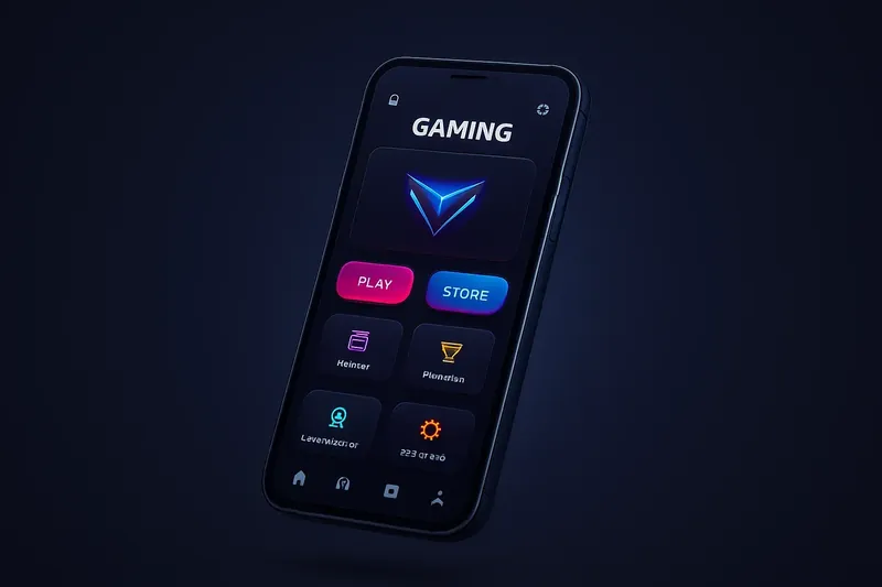 Sleek modern smartphone floating with dark-themed premium gaming app UI and accent buttons