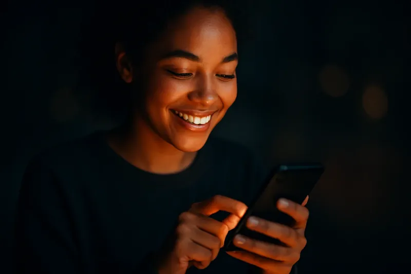 Young person smiling while tapping phone in warm light with moody bokeh background