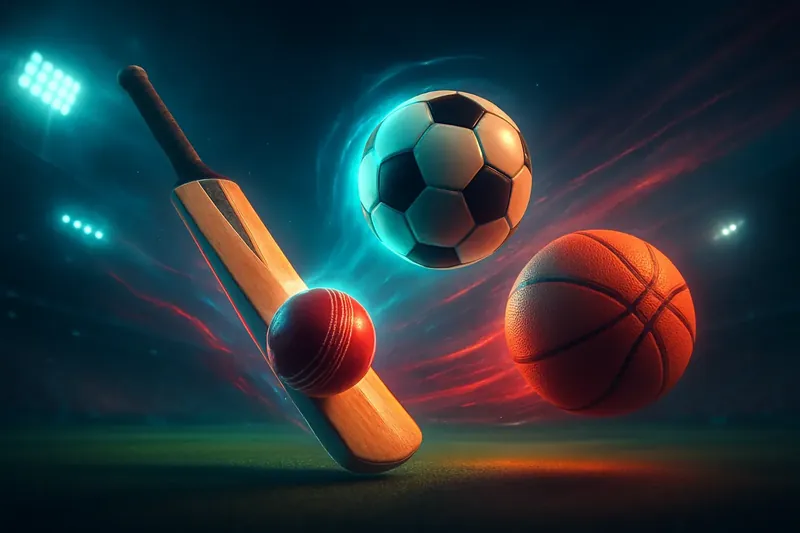 Cricket bat and ball, football, and basketball floating with neon lighting in stadium atmosphere