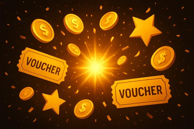 Bonus Rewards Explosion Golden coins, voucher tickets, and stars radiate from bright central flash with confetti on dark background
