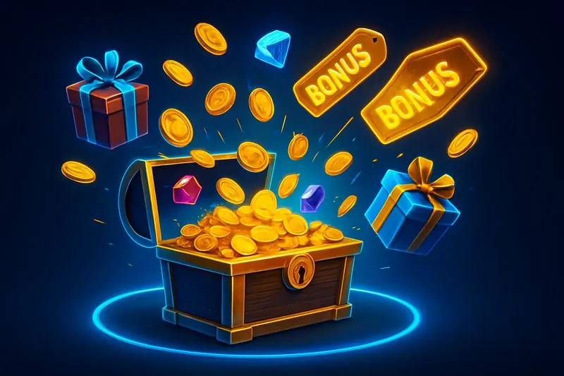 Treasure Chest Bonus Golden treasure chest bursting open with coins, gems, gift boxes, and glowing bonus tags on dark background