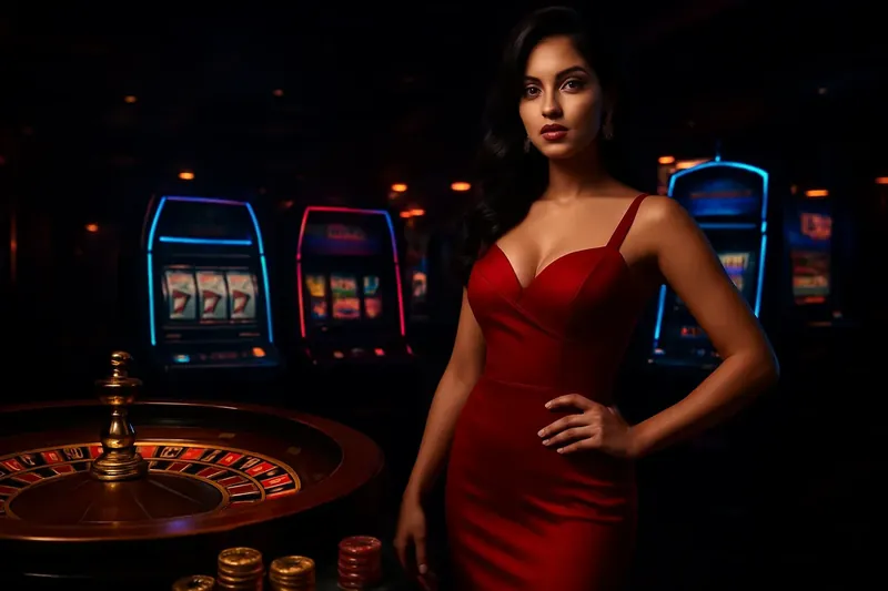 Elegant woman in red dress standing by roulette and slot machines in luxury Bangladeshi casino with neon lights and gold coins