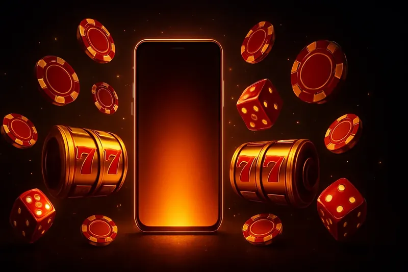 Glowing smartphone surrounded by casino chips, slot reels, and dice on a dark luxurious background with gold accents