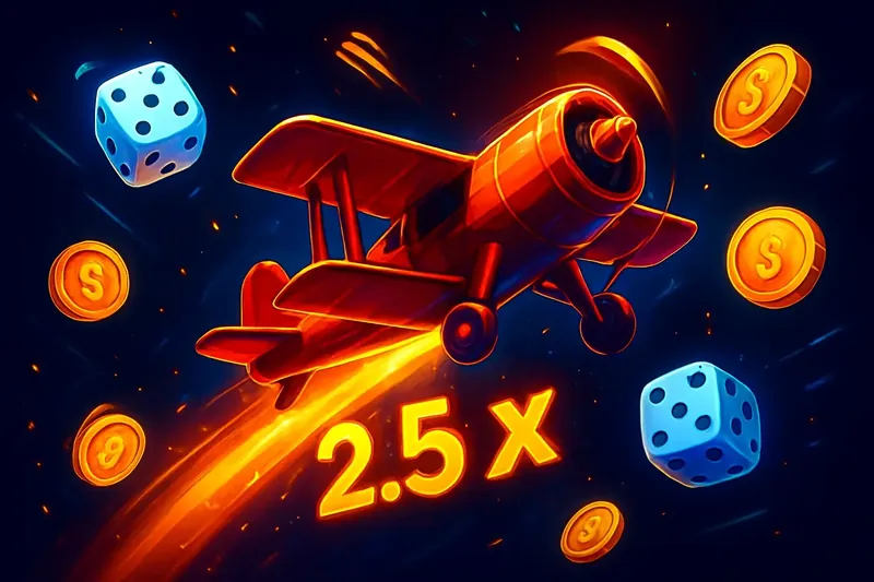Red airplane soaring with multiplier trail, coins, dice, neon accents in digital crash game scene