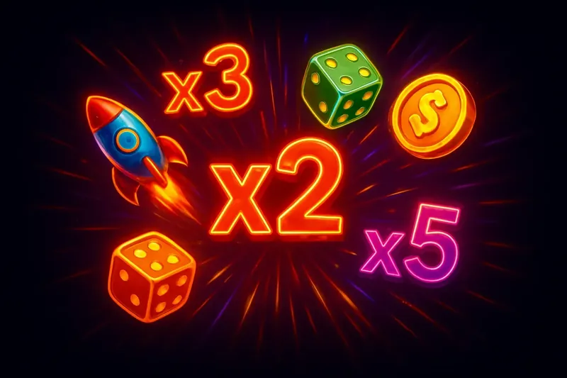 Colorful instant game icons with multiplier symbols, rocket, dice, and coins exploding in neon light on dark background