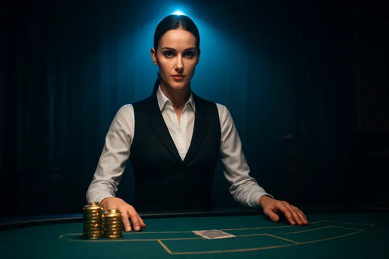 Professional female dealer at green felt casino table with golden chips under dramatic lighting