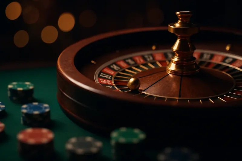 Spinning roulette wheel with golden ball, green felt, and scattered chips in luxury casino setting