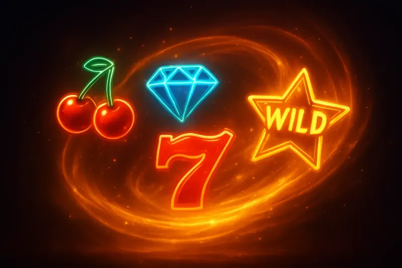 Vibrant slot symbols with neon glow in magical swirling background
