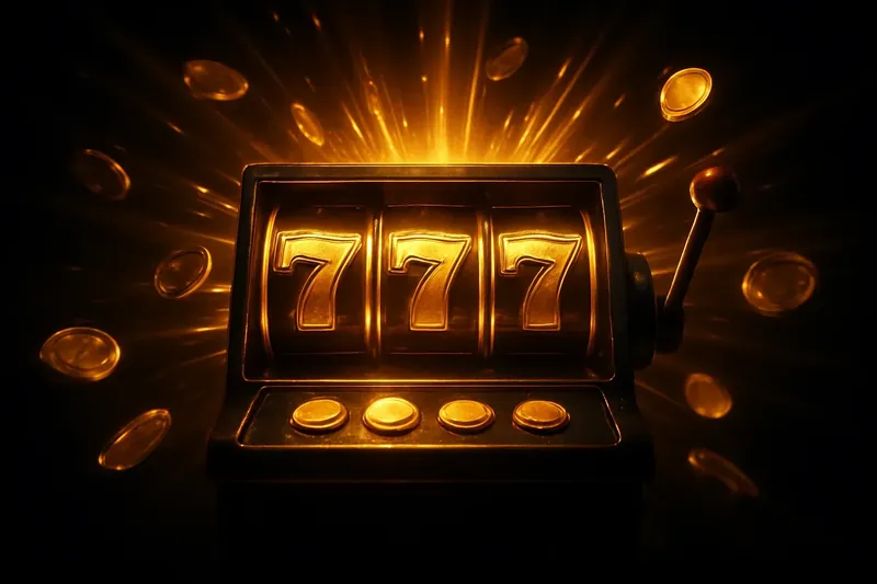 Slot machine reels with golden 777 symbols, coins, and neon gold lights on dark background